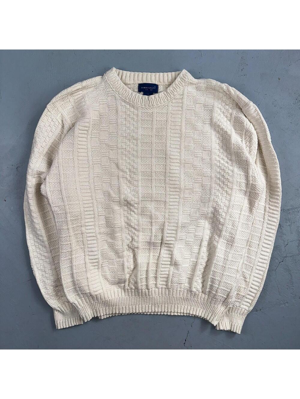 Towncraft VTG 80s 100% Cotton Made In USA Ivory Square Knit Sweater Sz L